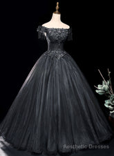 Black Tulle Off Shoulder with Lace Applique Party Dress, Black Tulle Long Sweet 16 Dress